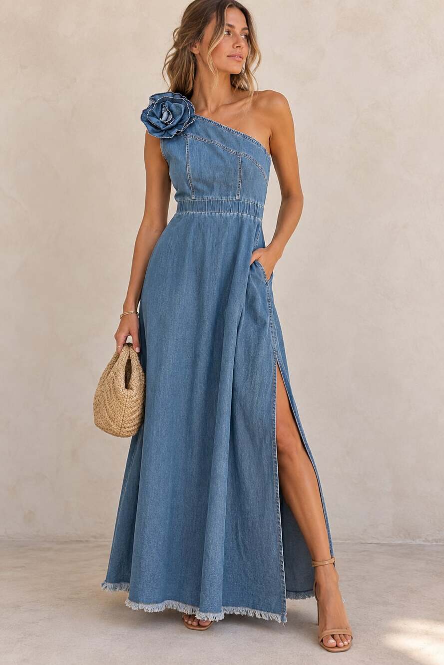 One Shoulder Denim Maxi Dress 3D Rosette Corsage Flower Raw Hem M